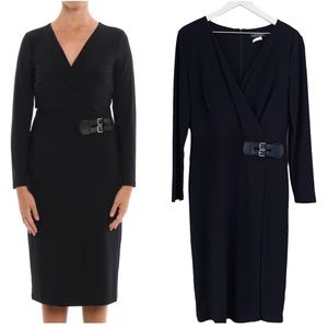 Ralph Lauren Classic Black‎ Double Buckle Jersey Faux Wrap Midi Dress Size 8